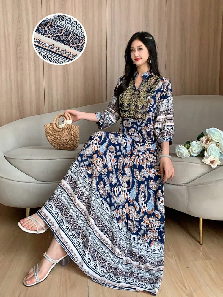 Summer Autumn Robe Maxi Long Dress Women Indian Clothes Boho Cotton Print Floral Boho Korean Style Fashion Casual Vestido Largos