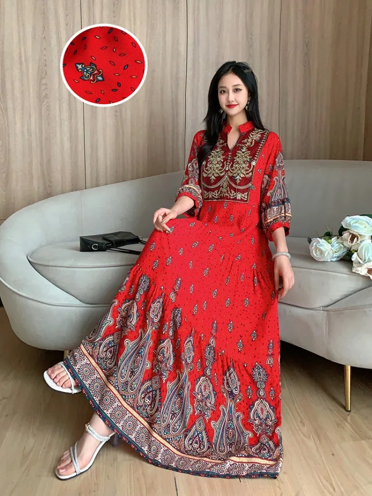Summer Autumn Robe Maxi Long Dress Women Indian Clothes Boho Cotton Print Floral Boho Korean Style Fashion Casual Vestido Largos