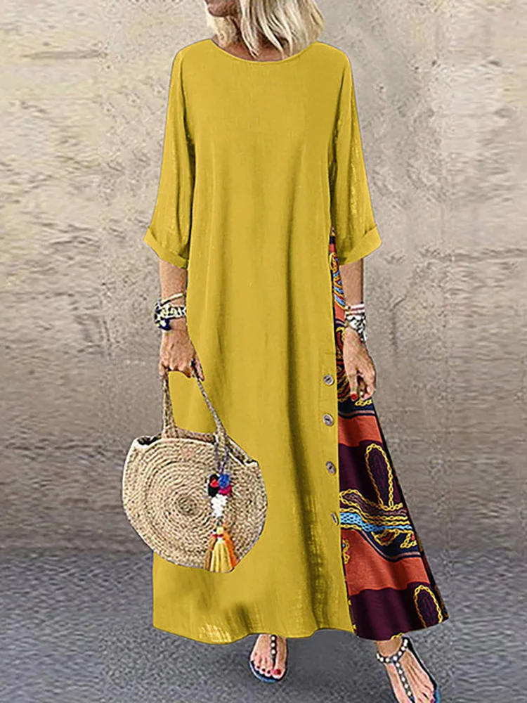Women Vintage Print Patchwork Maxi Dress Boho 3/4 Sleeve Oversized Long Dress Casual Harajuku O Neck Loose Dress Elegant Robe