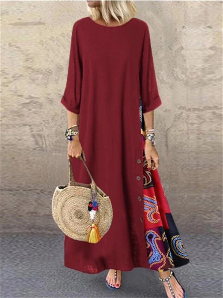 Women Vintage Print Patchwork Maxi Dress Boho 3/4 Sleeve Oversized Long Dress Casual Harajuku O Neck Loose Dress Elegant Robe