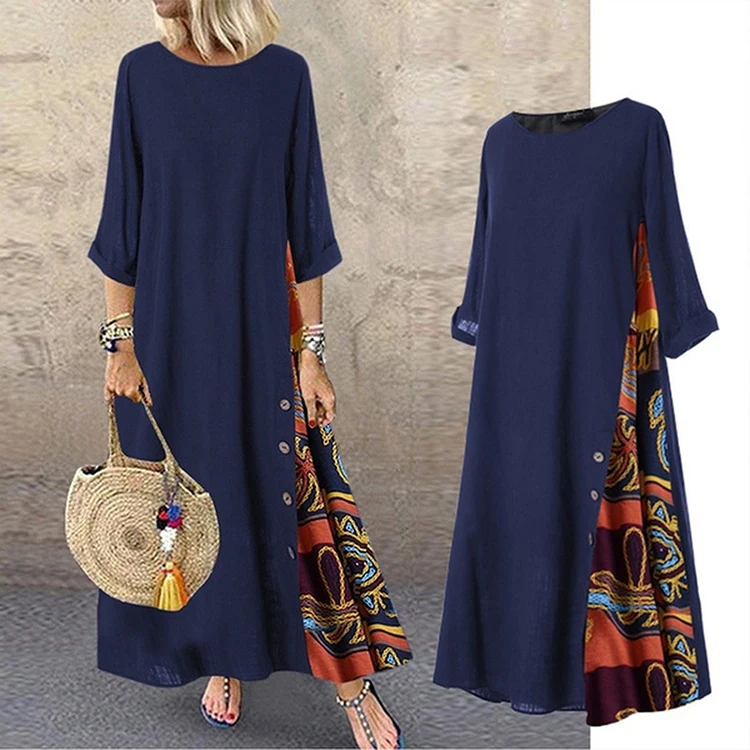 Women Vintage Print Patchwork Maxi Dress Boho 3/4 Sleeve Oversized Long Dress Casual Harajuku O Neck Loose Dress Elegant Robe