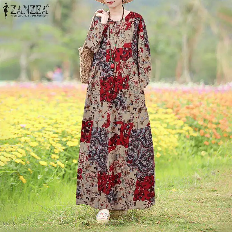 Women Autumn Sundress Vintage Long Sleeve Floral Printed Maxi Dress 2024 ZANZEA Bohemian Loose Party Vestido O Neck Kaftan Robe