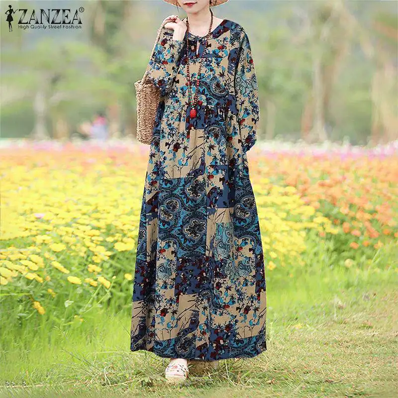 Women Autumn Sundress Vintage Long Sleeve Floral Printed Maxi Dress 2024 ZANZEA Bohemian Loose Party Vestido O Neck Kaftan Robe