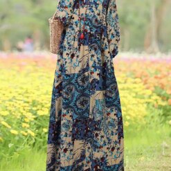 Autumn Sundress Vintage Floral Print Maxi Dress