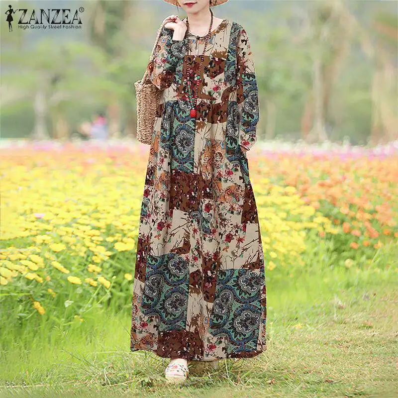 Women Autumn Sundress Vintage Long Sleeve Floral Printed Maxi Dress 2024 ZANZEA Bohemian Loose Party Vestido O Neck Kaftan Robe
