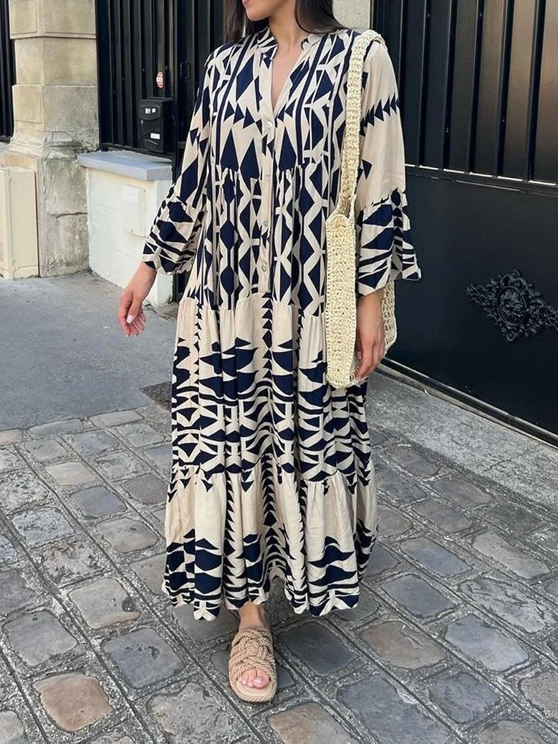 Boho Summer Maxi Dress Women 2025 Vintage Buttons Long Sleeve Elegant Holiday Beach Long Loose Dresses Female Casual Vestidos