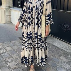 Boho Vintage Button Long Sleeve Maxi Dress
