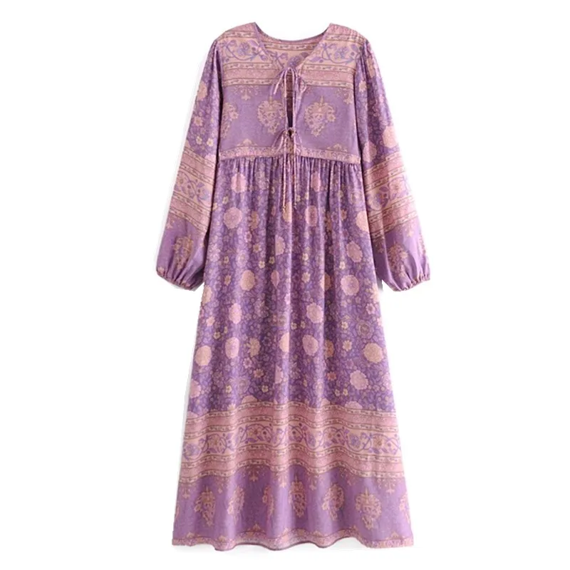 2022 Bohemia Orange Green Bandage Lacing up Collar Floral Print Dress BOHO Woman Hit Color Long Sleeve Maxi Dresses Holiday Robe