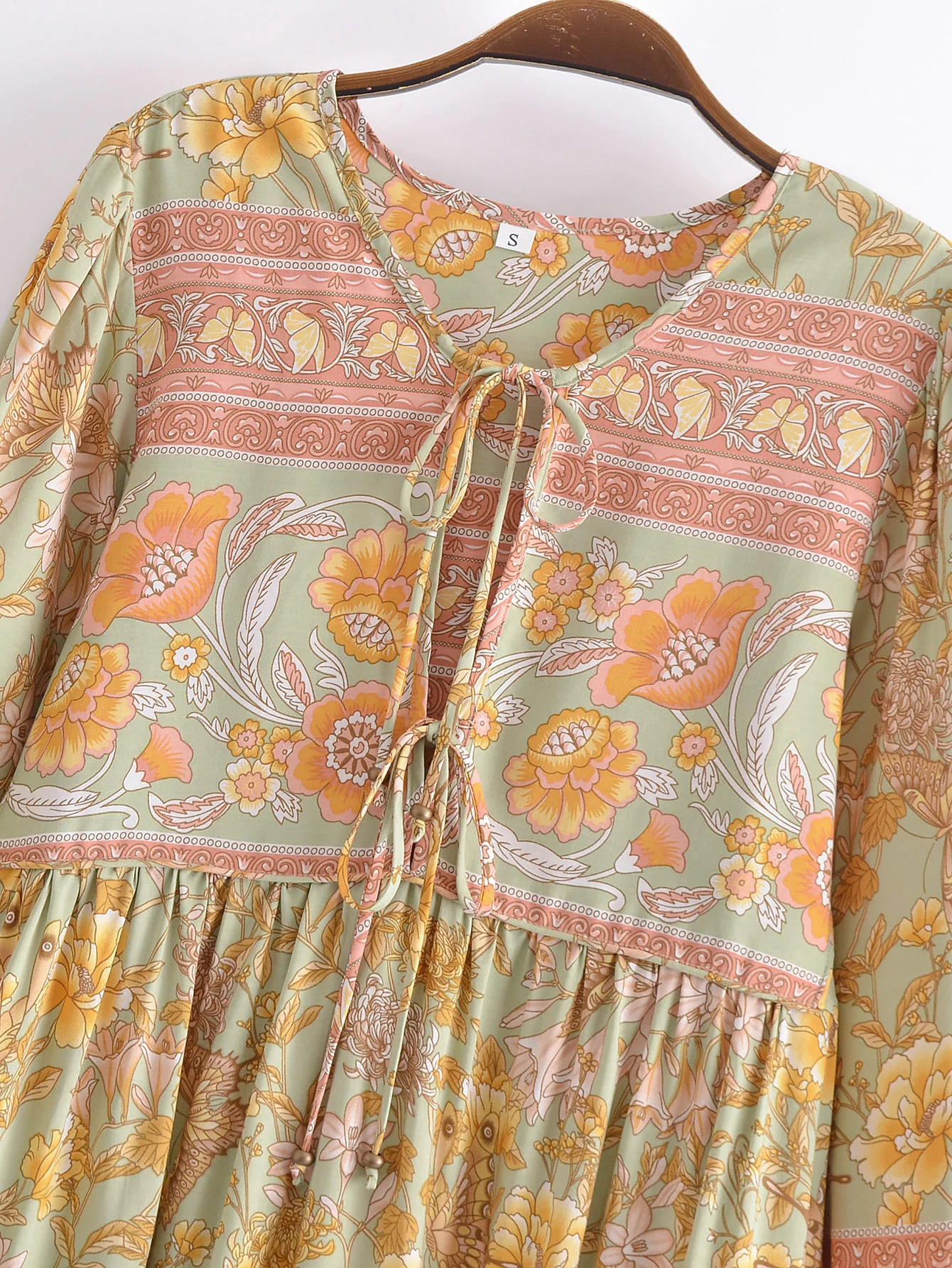 2022 Bohemia Orange Green Bandage Lacing up Collar Floral Print Dress BOHO Woman Hit Color Long Sleeve Maxi Dresses Holiday Robe