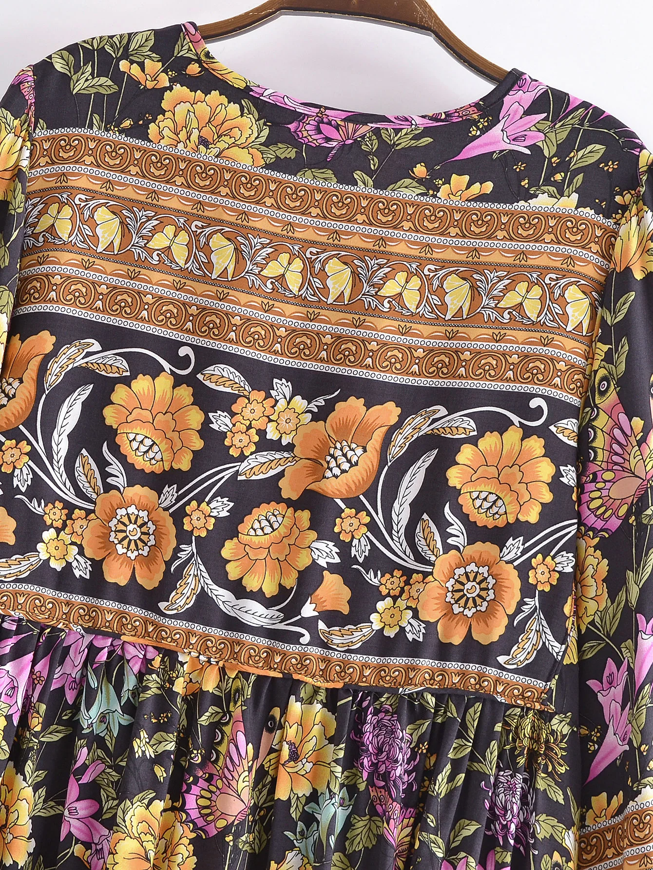 2022 Bohemia Orange Green Bandage Lacing up Collar Floral Print Dress BOHO Woman Hit Color Long Sleeve Maxi Dresses Holiday Robe