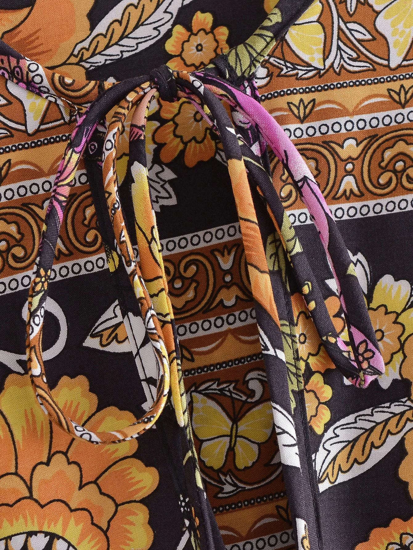 2022 Bohemia Orange Green Bandage Lacing up Collar Floral Print Dress BOHO Woman Hit Color Long Sleeve Maxi Dresses Holiday Robe