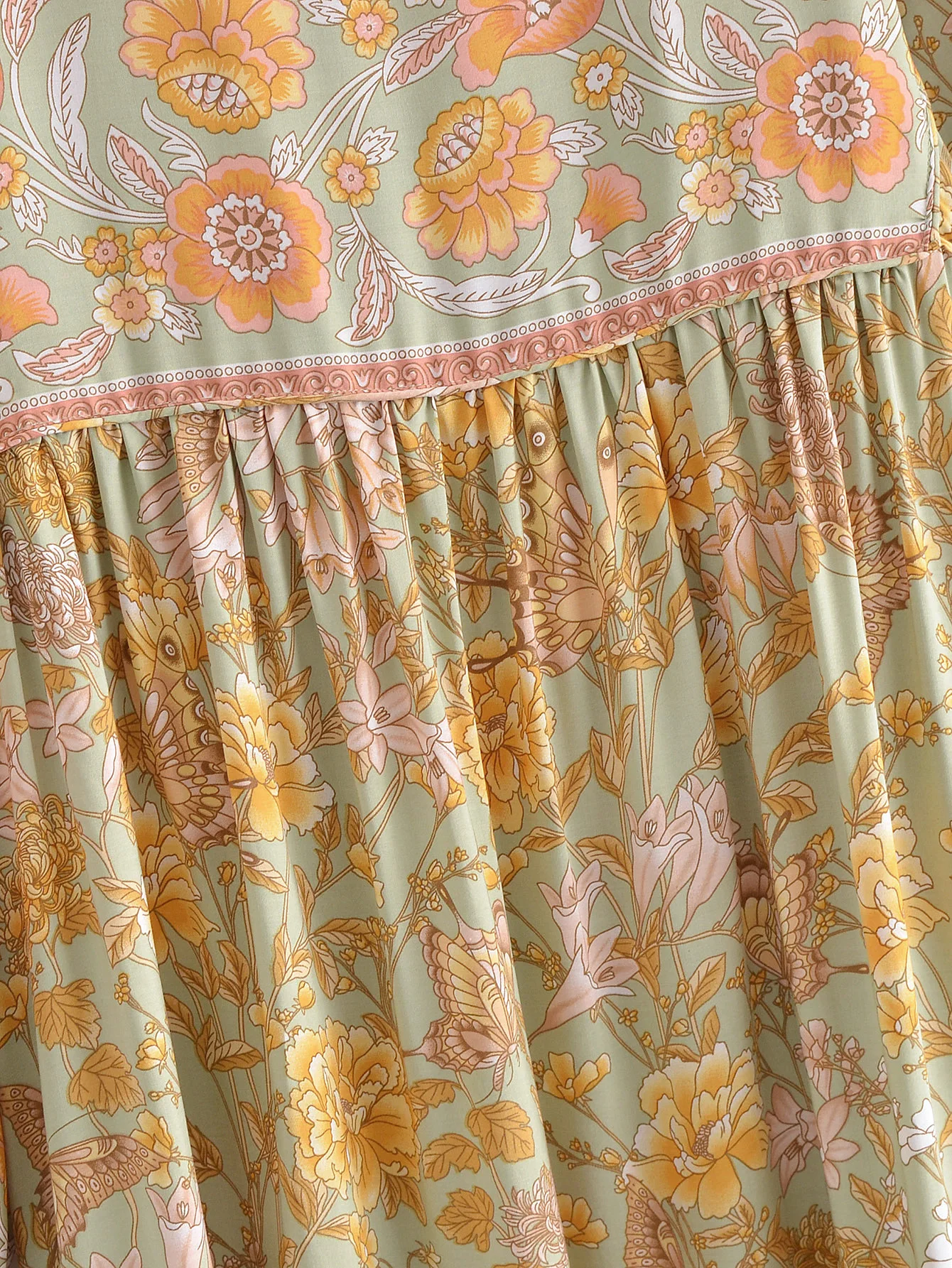 2022 Bohemia Orange Green Bandage Lacing up Collar Floral Print Dress BOHO Woman Hit Color Long Sleeve Maxi Dresses Holiday Robe