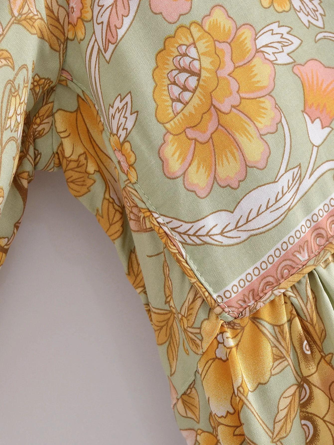 2022 Bohemia Orange Green Bandage Lacing up Collar Floral Print Dress BOHO Woman Hit Color Long Sleeve Maxi Dresses Holiday Robe