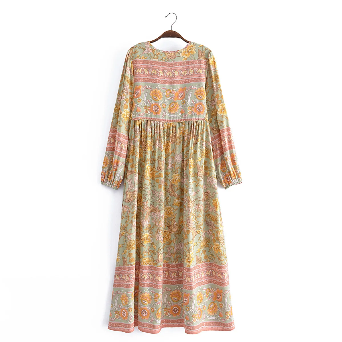 2022 Bohemia Orange Green Bandage Lacing up Collar Floral Print Dress BOHO Woman Hit Color Long Sleeve Maxi Dresses Holiday Robe