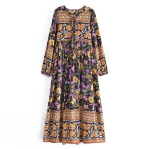 2022 Bohemia Orange Green Bandage Lacing up Collar Floral Print Dress BOHO Woman Hit Color Long Sleeve Maxi Dresses Holiday Robe