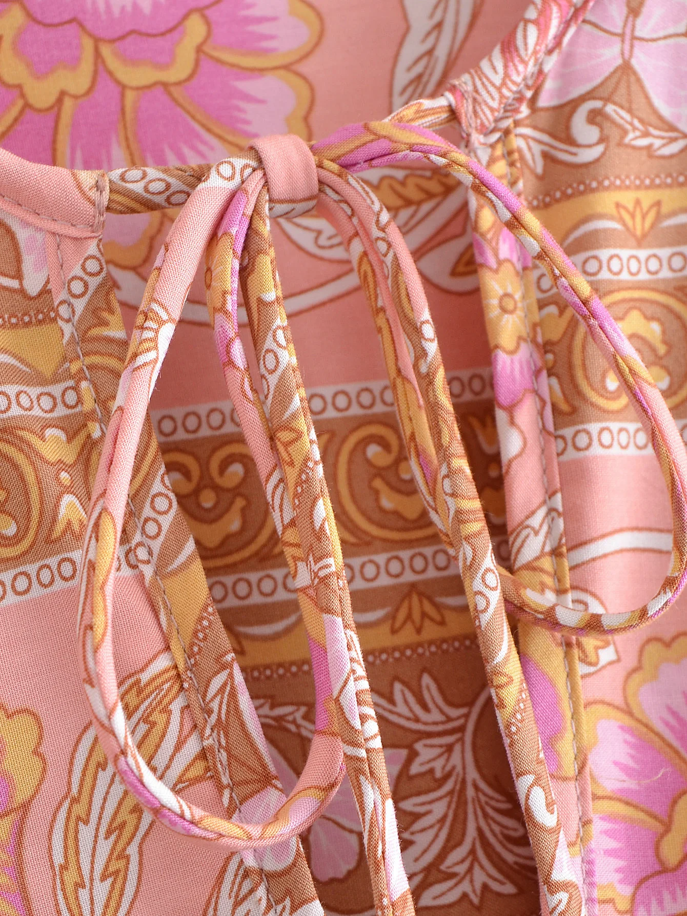 2022 Bohemia Orange Green Bandage Lacing up Collar Floral Print Dress BOHO Woman Hit Color Long Sleeve Maxi Dresses Holiday Robe