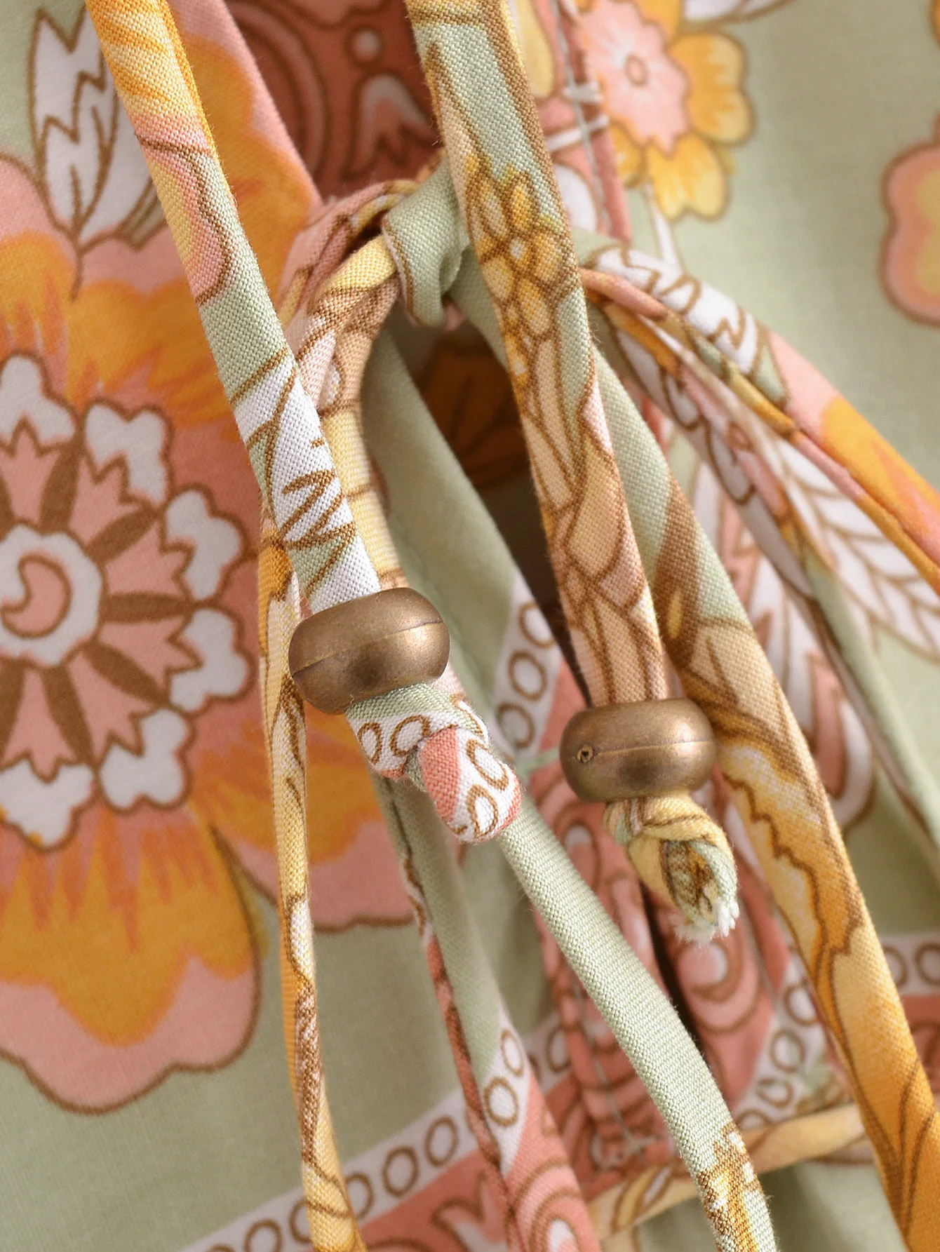 2022 Bohemia Orange Green Bandage Lacing up Collar Floral Print Dress BOHO Woman Hit Color Long Sleeve Maxi Dresses Holiday Robe