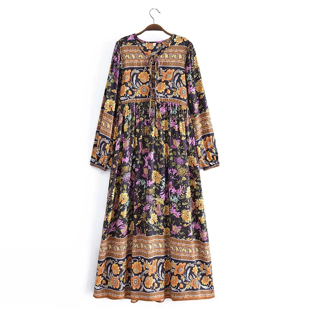 2022 Bohemia Orange Green Bandage Lacing up Collar Floral Print Dress BOHO Woman Hit Color Long Sleeve Maxi Dresses Holiday Robe