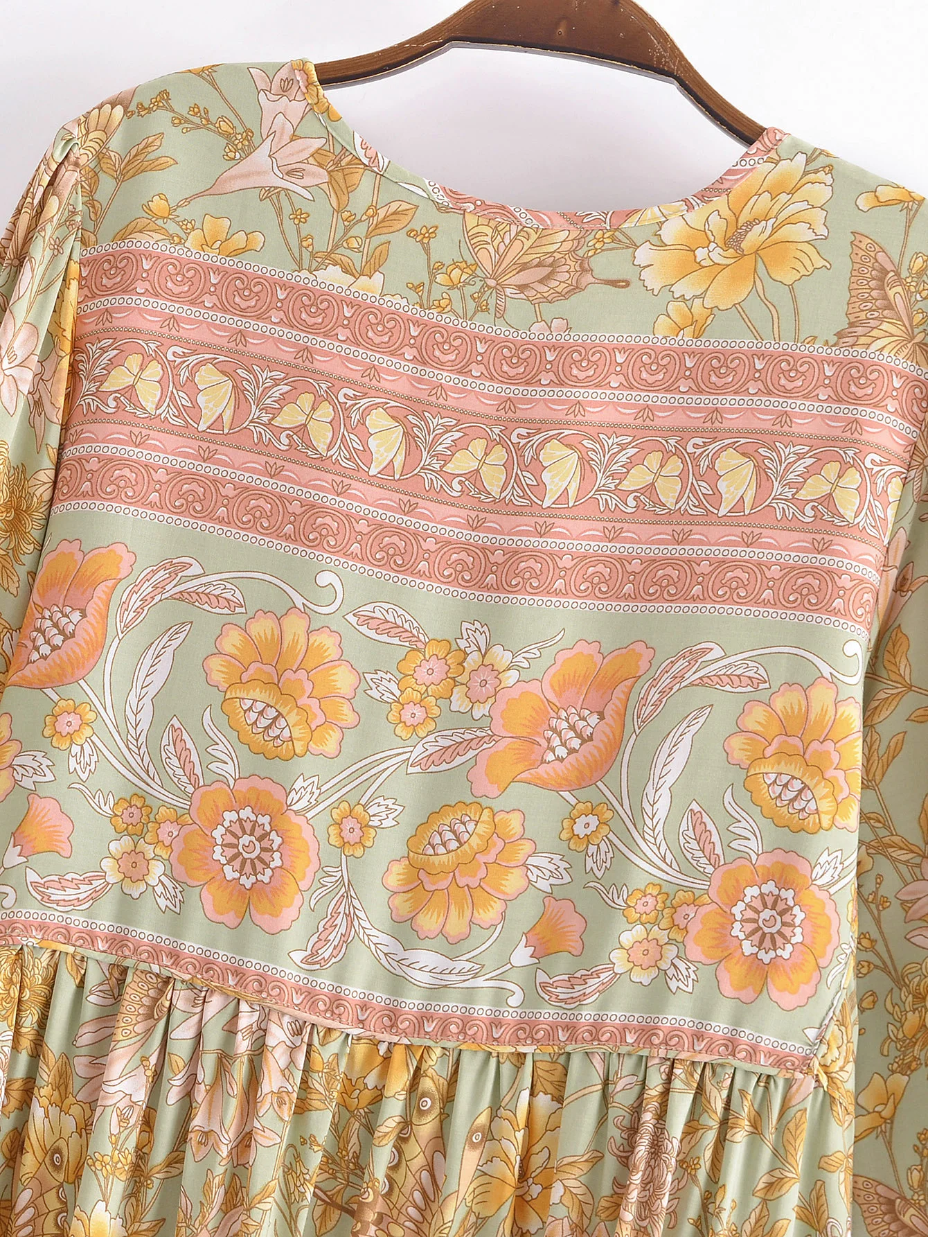 2022 Bohemia Orange Green Bandage Lacing up Collar Floral Print Dress BOHO Woman Hit Color Long Sleeve Maxi Dresses Holiday Robe