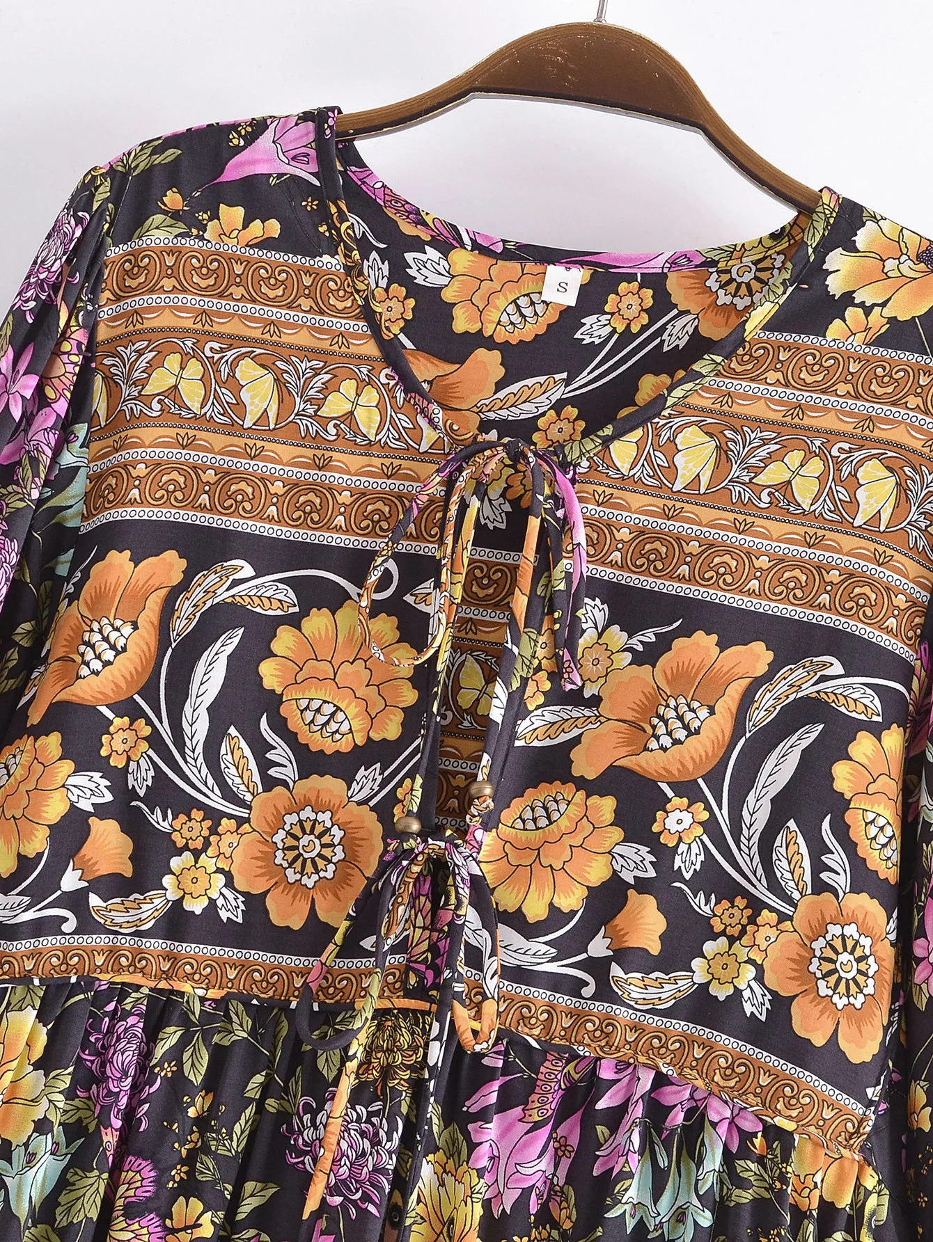 2022 Bohemia Orange Green Bandage Lacing up Collar Floral Print Dress BOHO Woman Hit Color Long Sleeve Maxi Dresses Holiday Robe