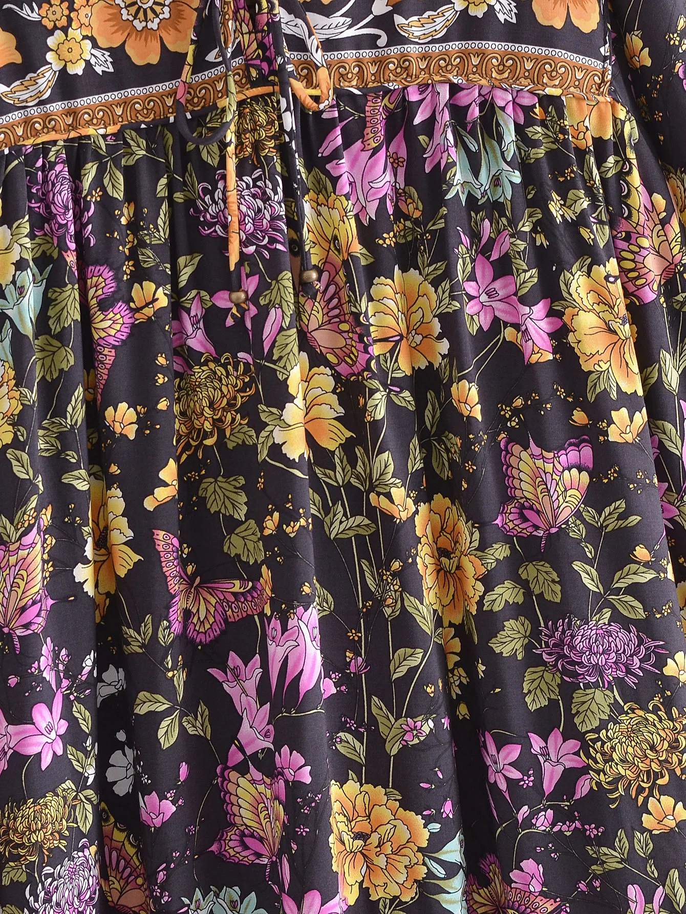 2022 Bohemia Orange Green Bandage Lacing up Collar Floral Print Dress BOHO Woman Hit Color Long Sleeve Maxi Dresses Holiday Robe