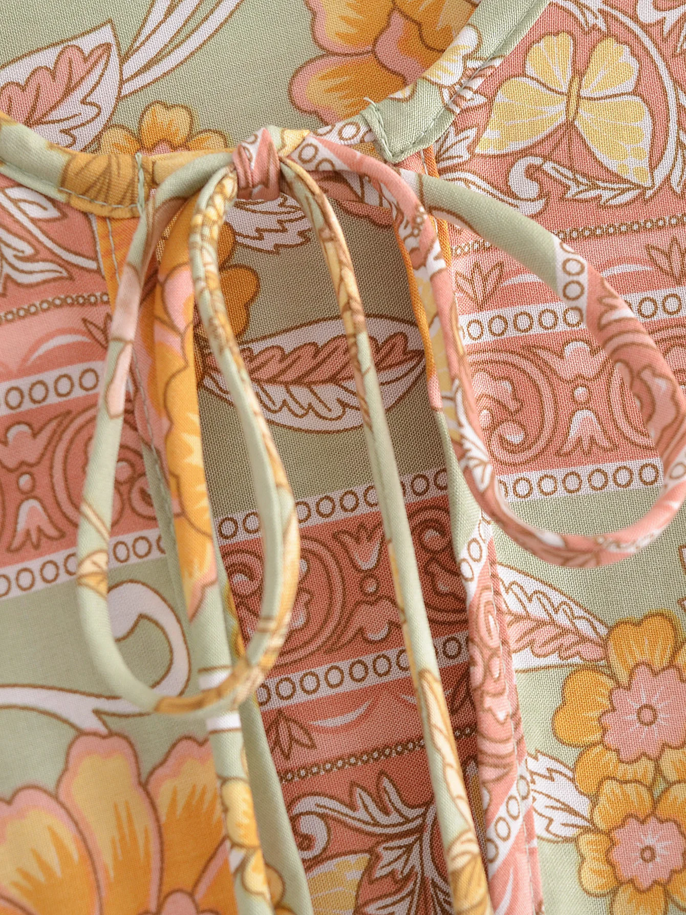 2022 Bohemia Orange Green Bandage Lacing up Collar Floral Print Dress BOHO Woman Hit Color Long Sleeve Maxi Dresses Holiday Robe