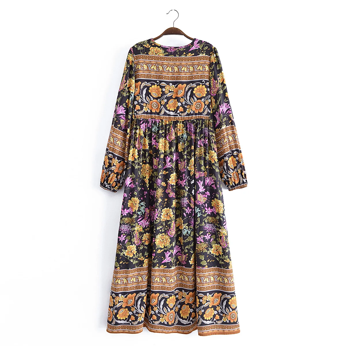 2022 Bohemia Orange Green Bandage Lacing up Collar Floral Print Dress BOHO Woman Hit Color Long Sleeve Maxi Dresses Holiday Robe
