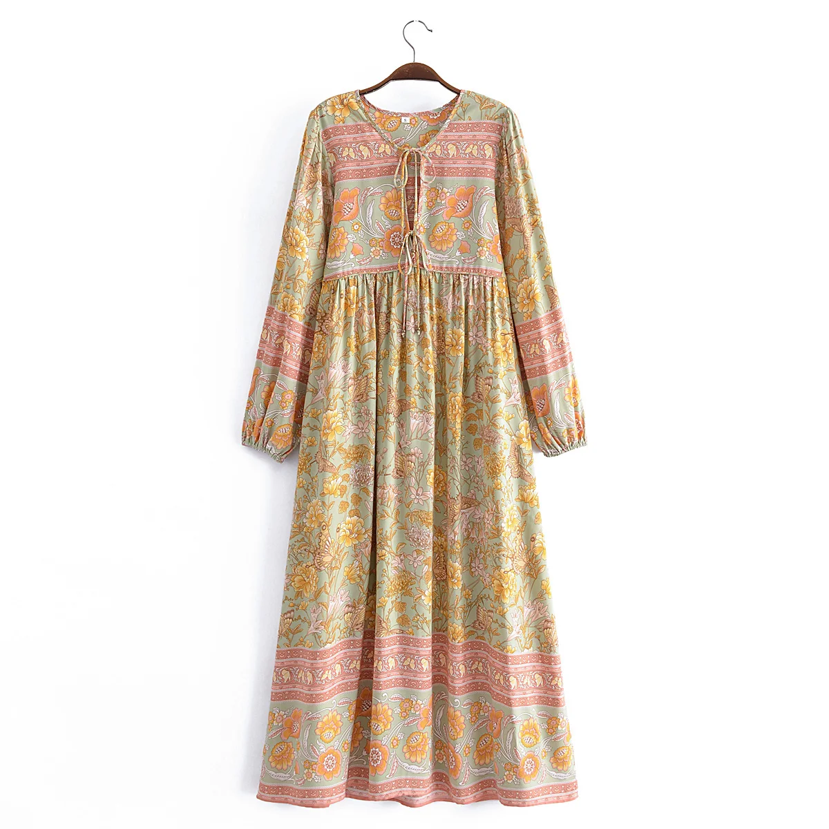 2022 Bohemia Orange Green Bandage Lacing up Collar Floral Print Dress BOHO Woman Hit Color Long Sleeve Maxi Dresses Holiday Robe