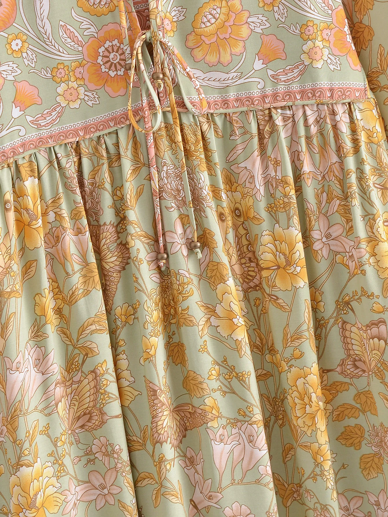 2022 Bohemia Orange Green Bandage Lacing up Collar Floral Print Dress BOHO Woman Hit Color Long Sleeve Maxi Dresses Holiday Robe