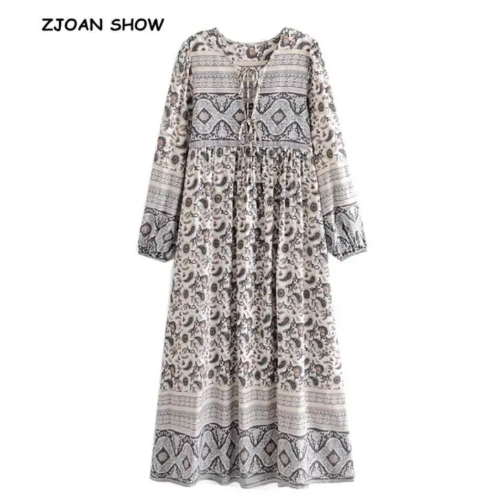 2022 Bohemia Orange Green Bandage Lacing up Collar Floral Print Dress BOHO Woman Hit Color Long Sleeve Maxi Dresses Holiday Robe