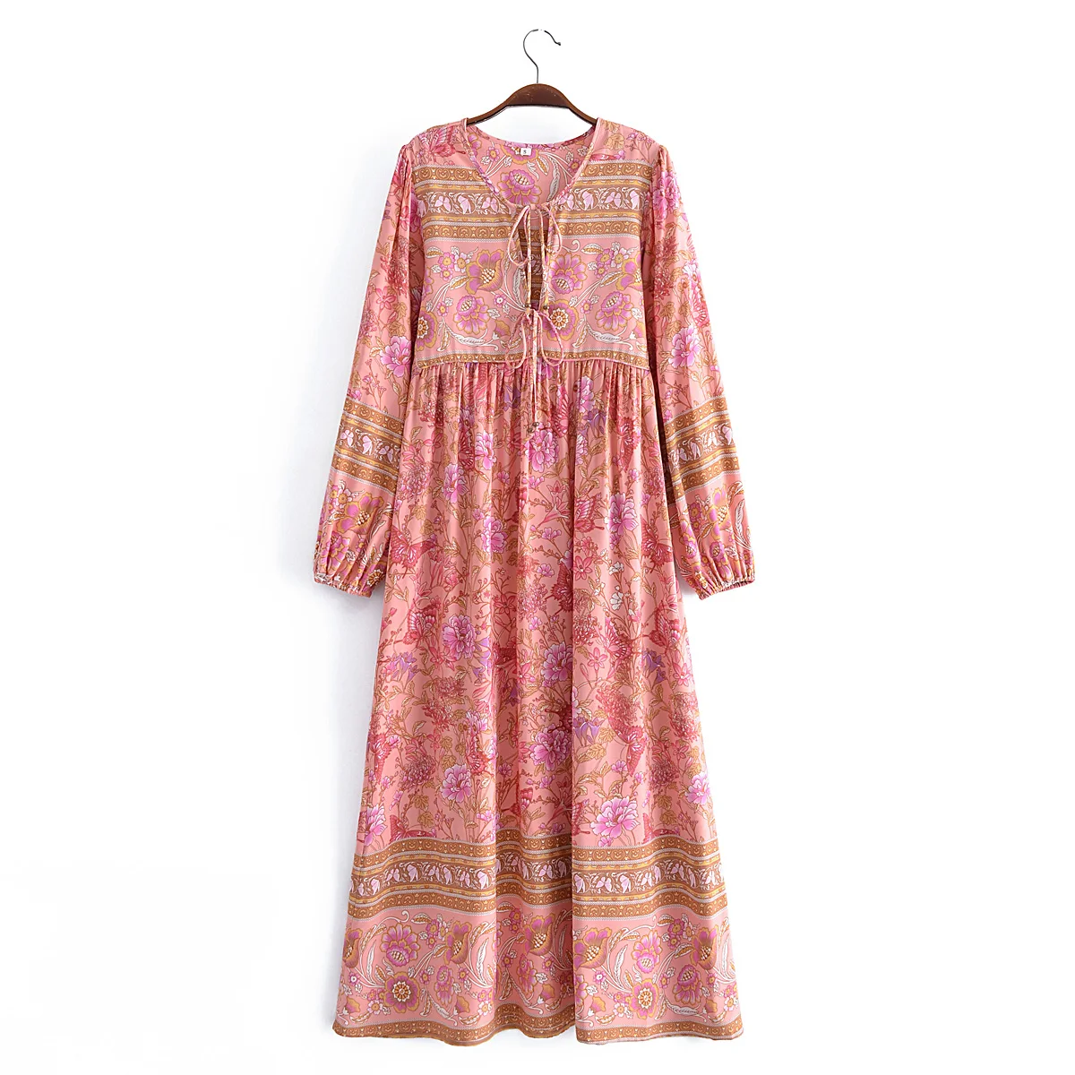 2022 Bohemia Orange Green Bandage Lacing up Collar Floral Print Dress BOHO Woman Hit Color Long Sleeve Maxi Dresses Holiday Robe