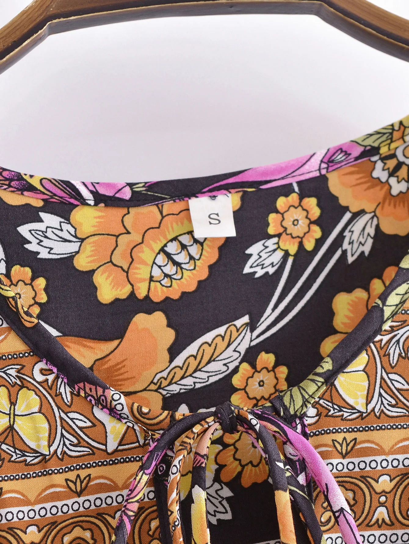 2022 Bohemia Orange Green Bandage Lacing up Collar Floral Print Dress BOHO Woman Hit Color Long Sleeve Maxi Dresses Holiday Robe