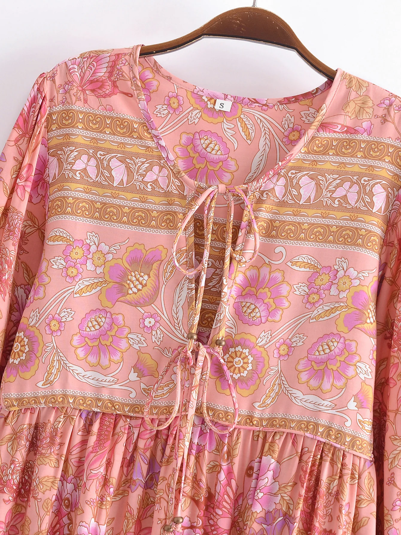 2022 Bohemia Orange Green Bandage Lacing up Collar Floral Print Dress BOHO Woman Hit Color Long Sleeve Maxi Dresses Holiday Robe