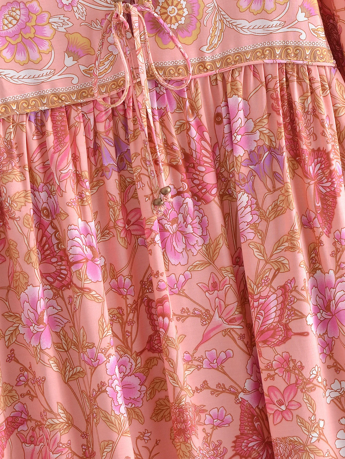 2022 Bohemia Orange Green Bandage Lacing up Collar Floral Print Dress BOHO Woman Hit Color Long Sleeve Maxi Dresses Holiday Robe