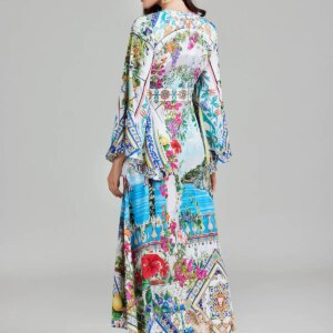 New Autumn Runway Gorgeous Flower Holiday Maxi Clothes Women's V Neck Flare Sleeve High Waist Flower Print Boho Long Dress 7 37922 lafnlf