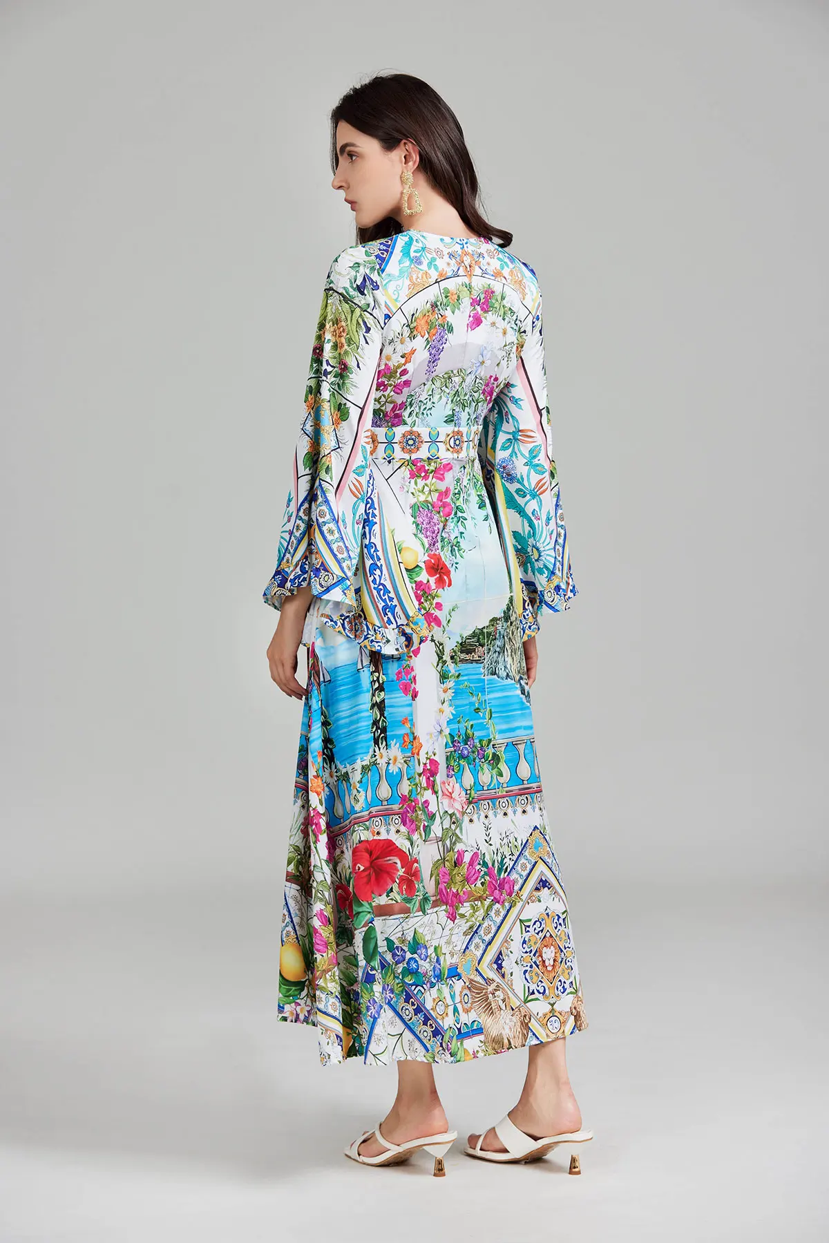 New Autumn Runway Gorgeous Flower Holiday Maxi Clothes Women's V Neck Flare Sleeve High Waist Flower Print Boho Long Dress 2 37922 lafnlf