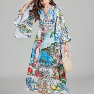 New Autumn Runway Gorgeous Flower Holiday Maxi Clothes Women's V Neck Flare Sleeve High Waist Flower Print Boho Long Dress 8 37922 mor77l