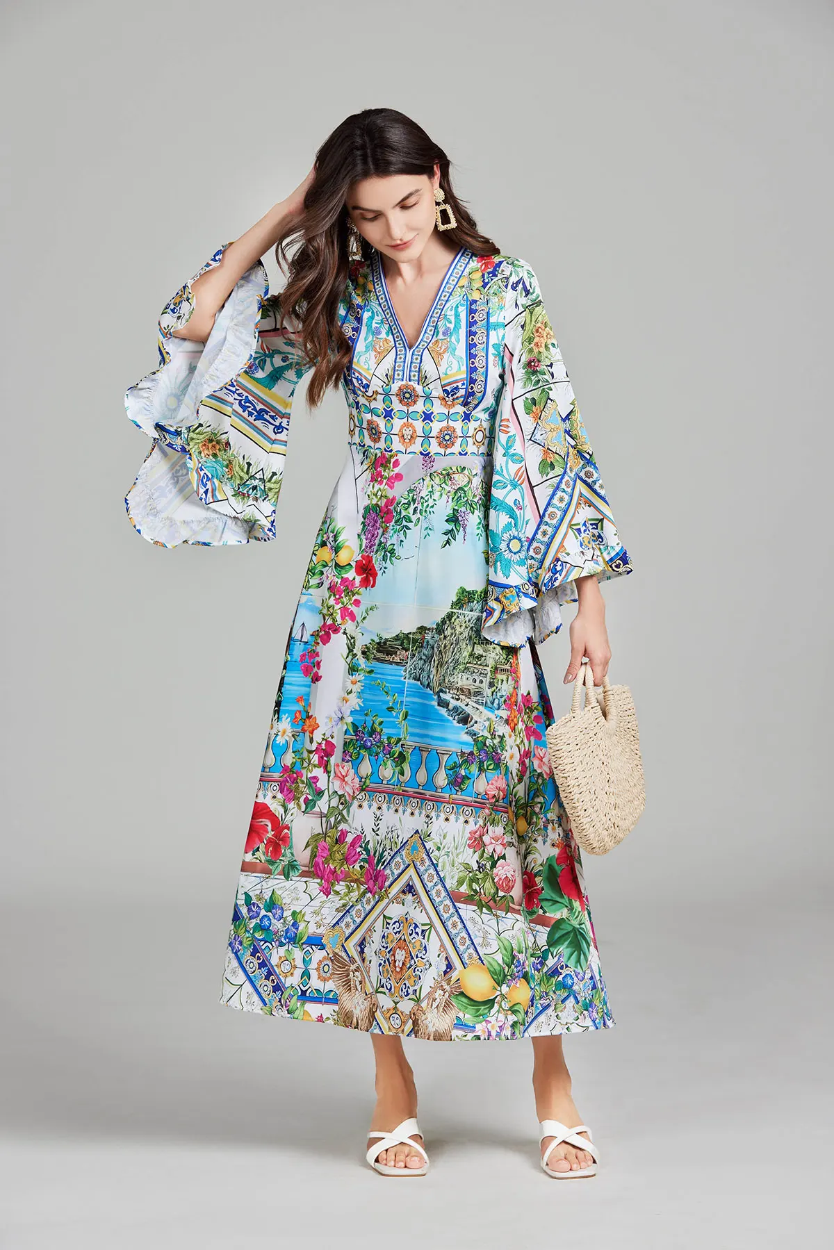 New Autumn Runway Gorgeous Flower Holiday Maxi Clothes Women's V Neck Flare Sleeve High Waist Flower Print Boho Long Dress 3 37922 mor77l