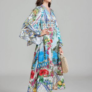New Autumn Runway Gorgeous Flower Holiday Maxi Clothes Women's V Neck Flare Sleeve High Waist Flower Print Boho Long Dress 9 37922 pskcoq