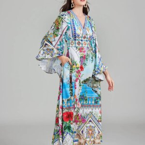 New Autumn Runway Gorgeous Flower Holiday Maxi Clothes Women's V Neck Flare Sleeve High Waist Flower Print Boho Long Dress 11 37922 vwfk3v