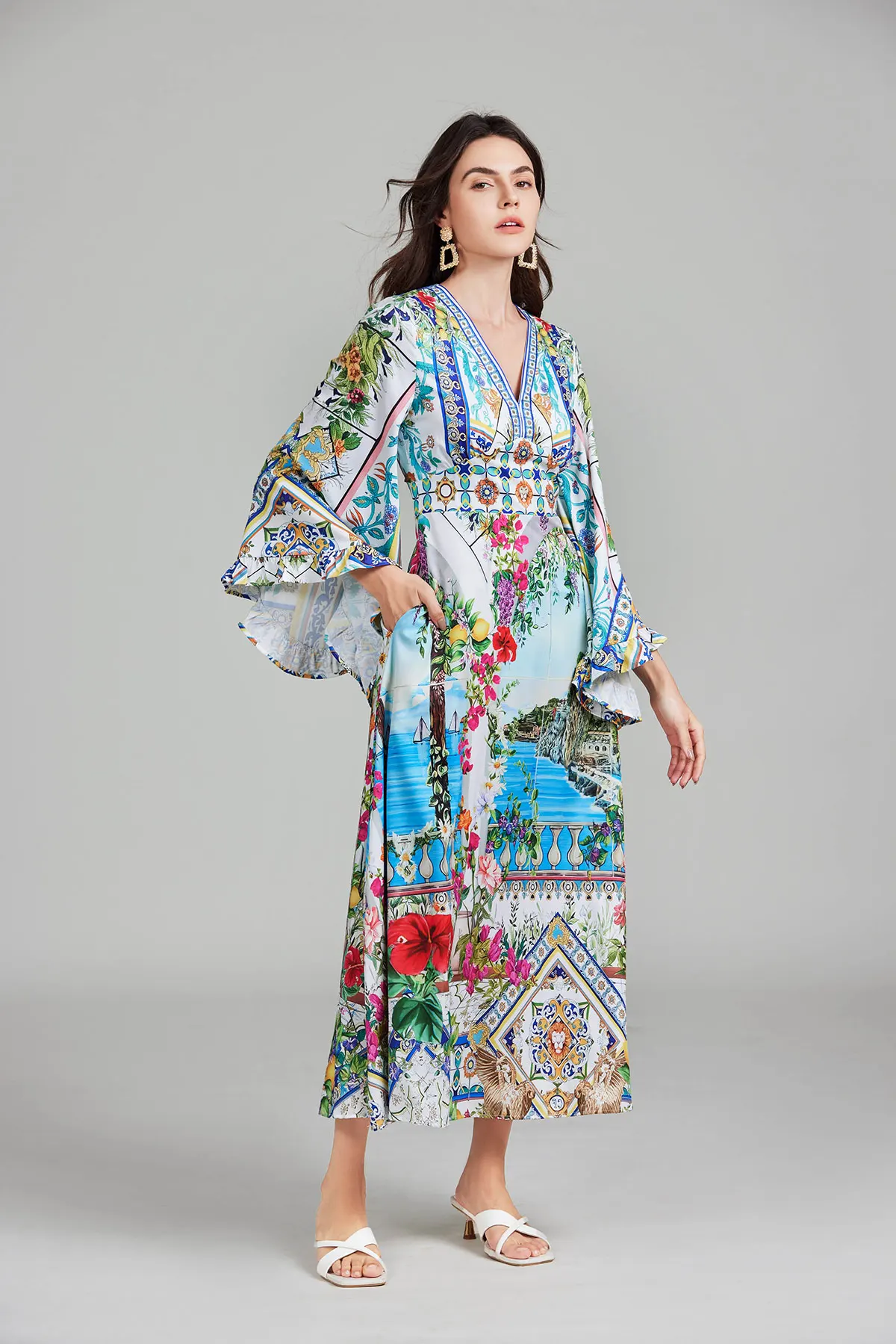 New Autumn Runway Gorgeous Flower Holiday Maxi Clothes Women's V Neck Flare Sleeve High Waist Flower Print Boho Long Dress 6 37922 vwfk3v