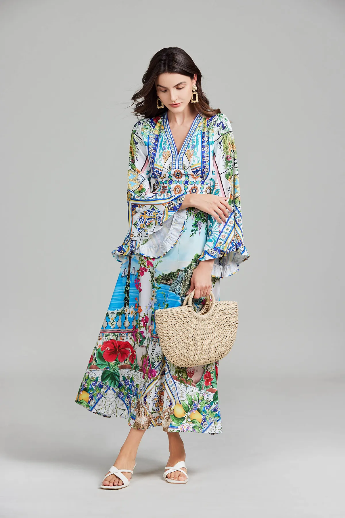 New Autumn Runway Gorgeous Flower Holiday Maxi Clothes Women's V Neck Flare Sleeve High Waist Flower Print Boho Long Dress 5 37922 zeufsh