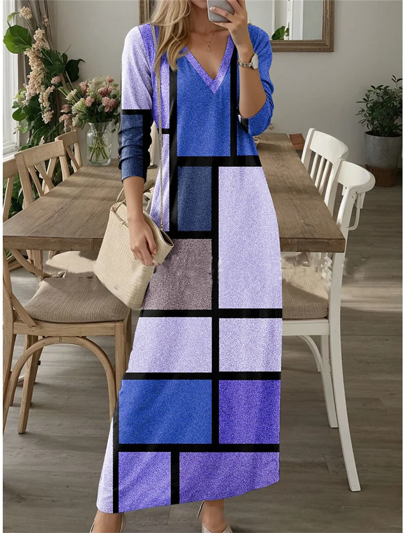 Ethnic Retro Autumn Digital Printed Boho Long Dress Women Casual V Neck Party Dress Spring Long Sleeve Loose Ladies Maxi Dresses