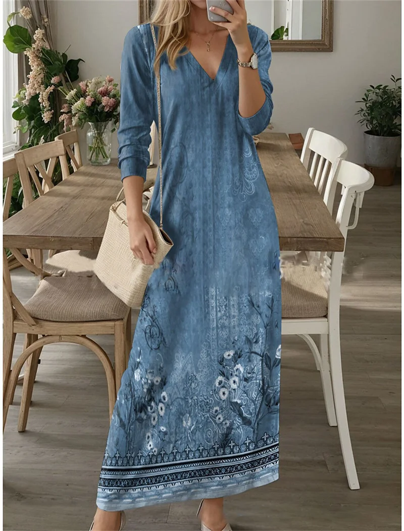 Ethnic Retro Autumn Digital Printed Boho Long Dress Women Casual V Neck Party Dress Spring Long Sleeve Loose Ladies Maxi Dresses