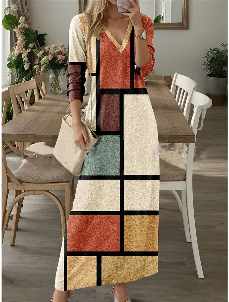 Ethnic Retro Autumn Digital Printed Boho Long Dress Women Casual V Neck Party Dress Spring Long Sleeve Loose Ladies Maxi Dresses