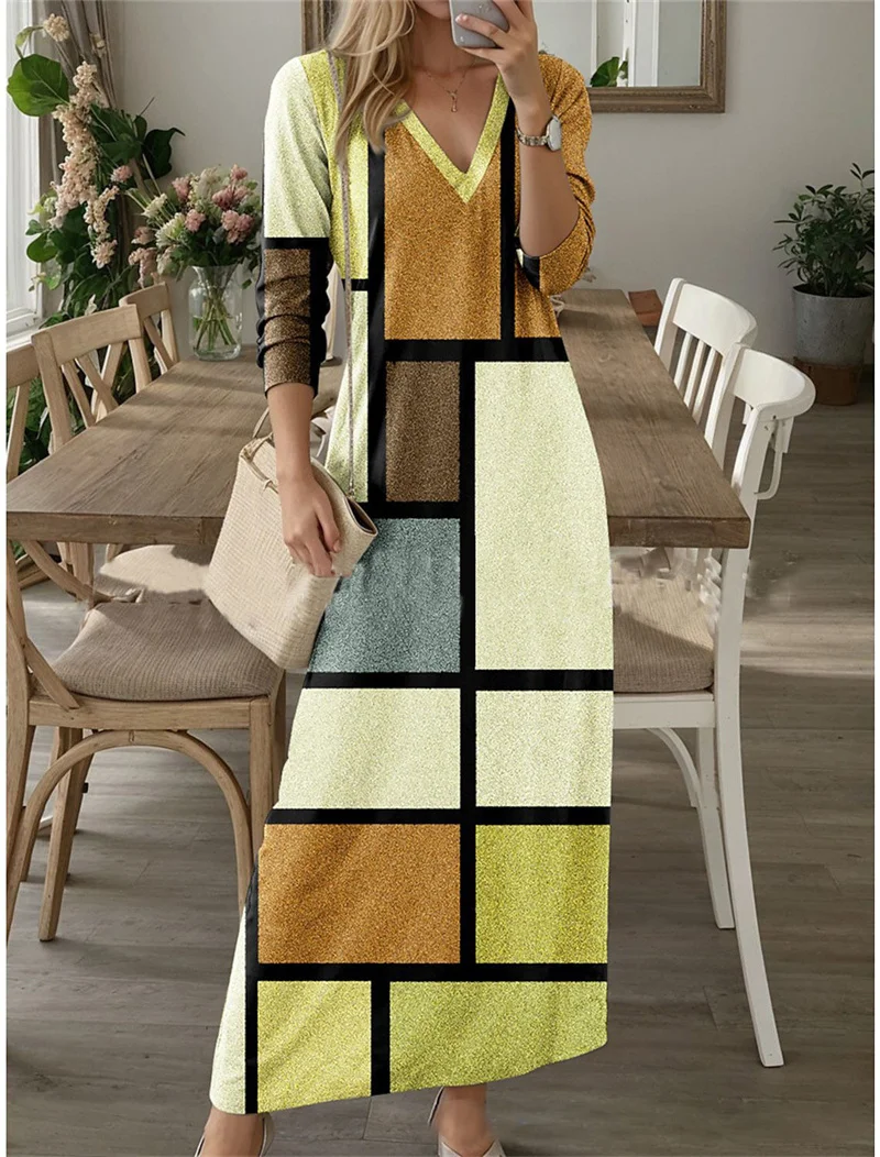 Ethnic Retro Autumn Digital Printed Boho Long Dress Women Casual V Neck Party Dress Spring Long Sleeve Loose Ladies Maxi Dresses