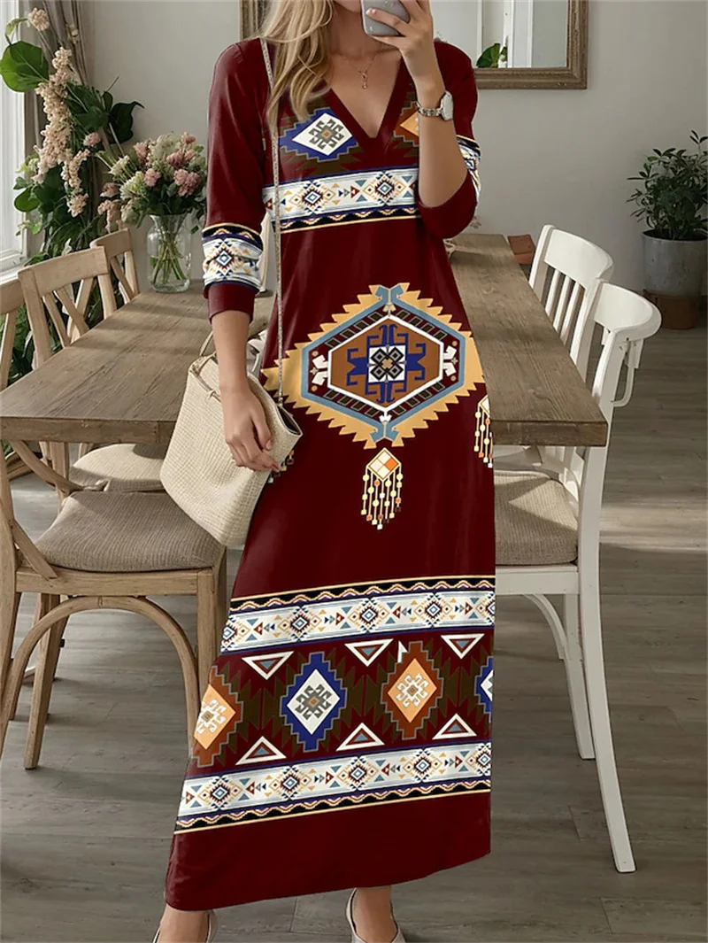 Ethnic Retro Autumn Digital Printed Boho Long Dress Women Casual V Neck Party Dress Spring Long Sleeve Loose Ladies Maxi Dresses
