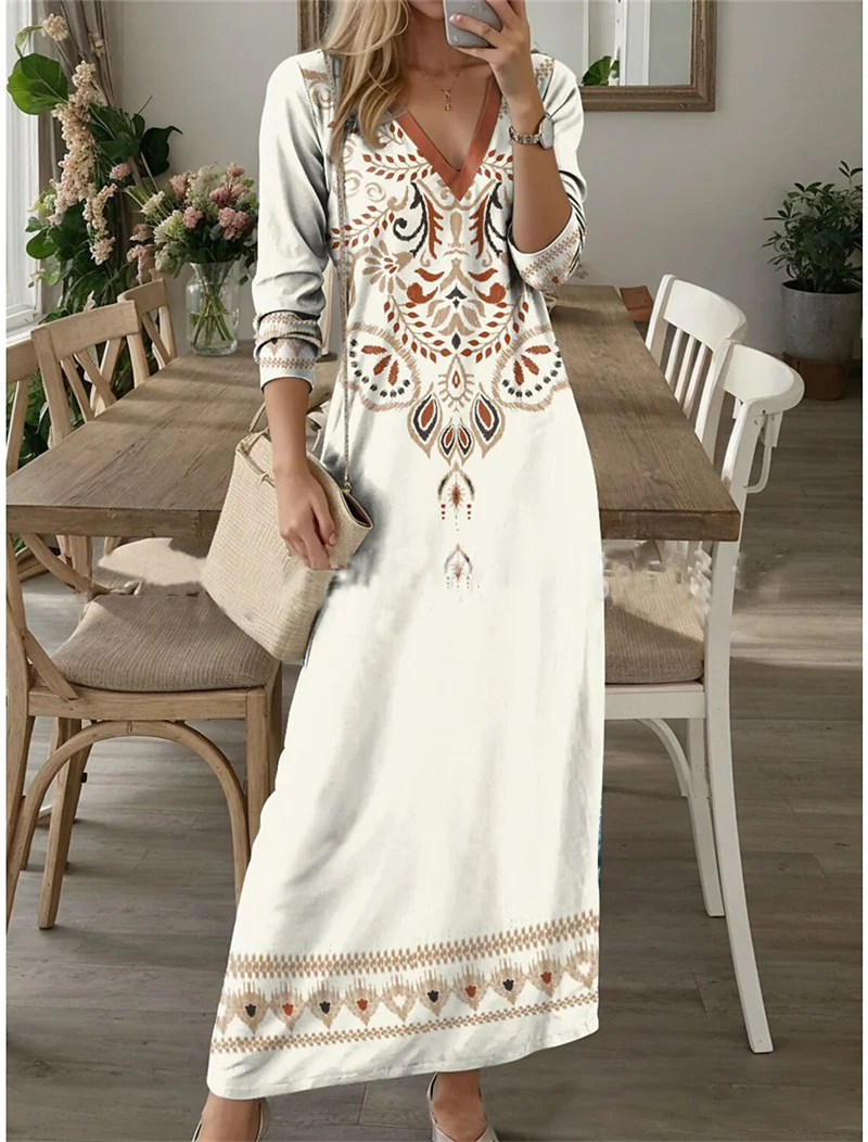 Ethnic Retro Autumn Digital Printed Boho Long Dress Women Casual V Neck Party Dress Spring Long Sleeve Loose Ladies Maxi Dresses