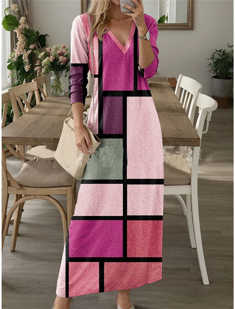 Ethnic Retro Autumn Digital Printed Boho Long Dress Women Casual V Neck Party Dress Spring Long Sleeve Loose Ladies Maxi Dresses