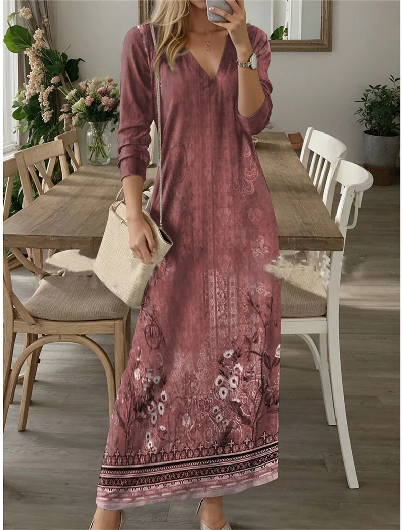 Ethnic Retro Autumn Digital Printed Boho Long Dress Women Casual V Neck Party Dress Spring Long Sleeve Loose Ladies Maxi Dresses